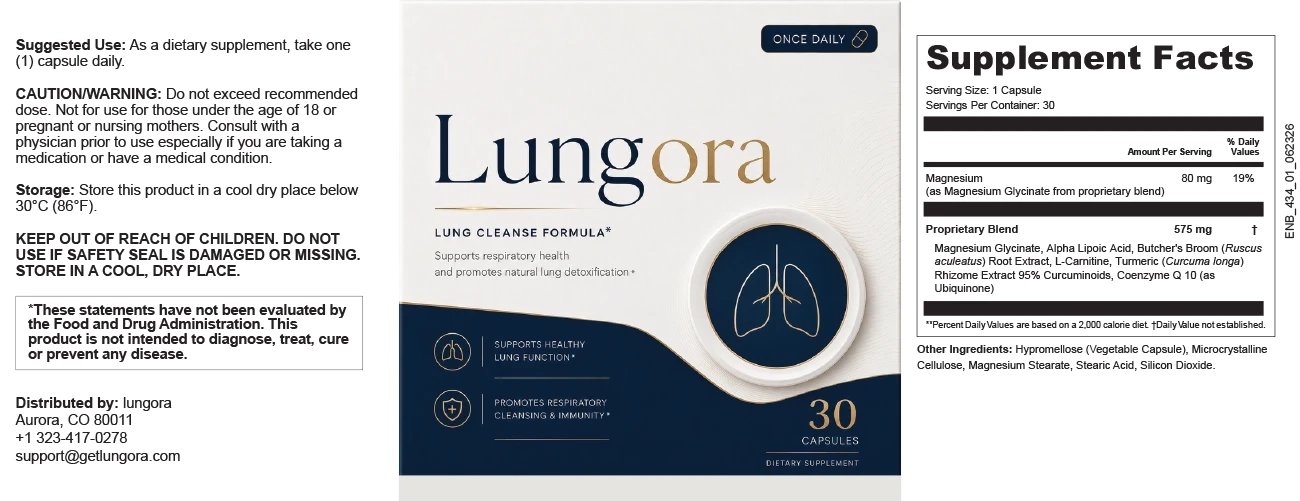 Lungora Supplement Facts panel, suggested use and warnings from the product label